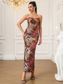 女士优雅刺绣亮片抹胸正式晚礼服，适合派对、宴会和正式场合、派对礼服、婚礼宾客礼服、晚礼服