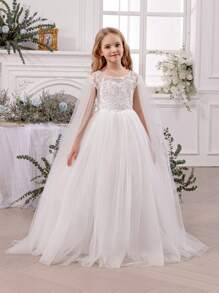 Tween Girl Elegant Lace Trim Bow Back Deep V Mesh Flower Girl Princess Dress, Suitable For Children's Birthday Party, Wedding, Prom, Holiday Occasions - White - View 8