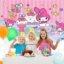 Sanrio 1PC Cute And Sweet Pink Cherry Melody Birthday Theme Party Background Fabric Decoration -82.7 * 5.1/59.1 * 39.4/39.4 * 29.5 Inches, Kawaii Cherry Dessert Cake Star Melody Pink Stripe Photography Background Birthday Party Decoration Supplies Newborn Shower Theme Party Cake Table Banner Decoration Photo Booth Studio Props