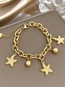 1 pièce Bracelet chaîne de perles en forme d'étoile de mer en acier inoxydable doré, bracelet empilable pour femme. Bijou de fête quotidienne pour anniversaire, Noël