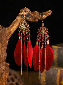 Vintage Boho Feather Tassel Drop Long Earrings For Women - Multicolor - View 3