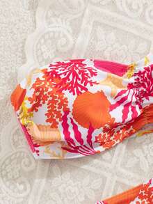 New Vibrant Orange Ocean Themed Bandeau Split Sexy Bikini - Burnt Orange - View 4