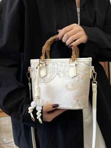 1pc Women's Color Block Chinese Style Bamboo Knot Decor Bucket Handbag, Fashion For Festival, Date, Gift