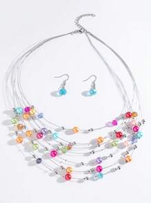 1pc Fashionable Boho Beach Retro Style Multi-Layer Shell Necklace & 1 Pair Crystal Bead Earrings For Women - Colorful - View 3