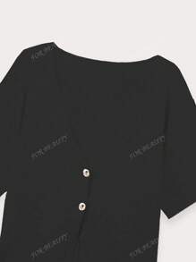 Pour la beauté, nouveau cardigan tricoté à col en V, manches courtes pour femmes, de couleur noire unie. et élégante, tempérament sobre, style décontracté, pull simple pour le retour à l'école