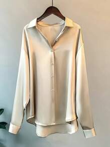 Blusa de satén casual para mujer, camisa con botones y diseño de cuello, elegante para la oficina y uso casual, primavera y verano - Champán - Ver 3