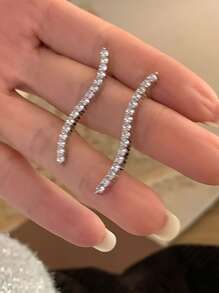 Fully Embellished Wavy 925 Sterling Silver Cubic Zirconia Earrings, Luxury Lightweight Zirconia Earrings For Unique Occasions, Festival Gift