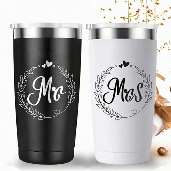 1 par de tazas de viaje aisladas de acero inoxidable Sr. y Sra., idea de pareja recién casada, esposa, novia, regalo de aniversario de compromiso, San Valentín, fiesta de boda, 20oz (600ml)
