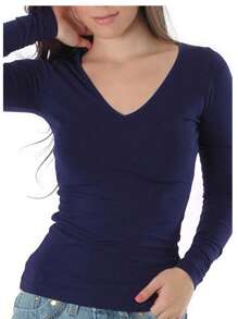 Women's Long Sleeve V-Neck Blouse In 100% Cotton Fabric - Navy Blue - View 1