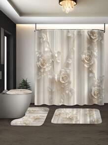 1/4 pièces Rideau de douche en polyester 3D à fleurs imperméable avec crochets, impression numérique, tissu lavable en machine. Séparateur de salle de bain imperméable et décoratif pour la maison, convient pour toutes les saisons, décoration de salle de bain, décoration d'automne, accessoires de salle de bain, rentrée des classes