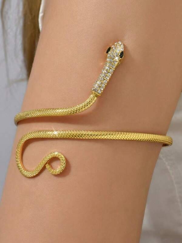 Rhinestone Snake-Shaped Bracelet, Asymmetrical & Adjustable Metal Arm Cuff Jewelry For Women