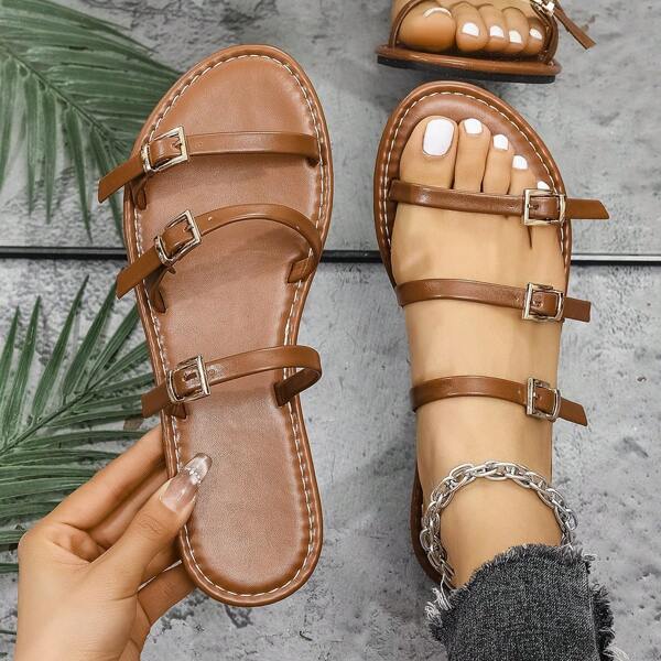 Sandalias de mujer con tiras cruzadas con parte superior sintética marrón, de punta abierta, casuales de verano, de fácil calce, cómodas y duraderas