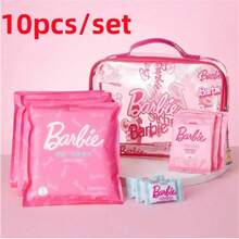 Miniso 10件套芭比旅行套装日光系列一次性浴巾压缩马桶垫洗漱包洗漱包便携式透明化妆品收纳包旅行收纳包家居浴室装饰夏季度假海滩必备品