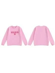 Mommy And Me Matching Outfits Christmas/Halloween Matching Sweatshirts Mama/Mini Letter And Bowknot Embroidery Long Sleeve Crewneck Pullover Shirt Blouse Top Mom And Daughter Matching Holiday Party Clothes - Pink - View 9