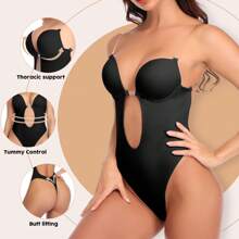 Backless Women Shapewear Bodysuit Built-In Bra U Plunge Tummy Control Slimming Body Shaper Thong Corset Lingerie Underwear Invisible Bras Sexy Deep V Push Up Under Wedding Dress - màu đen - Xem 3