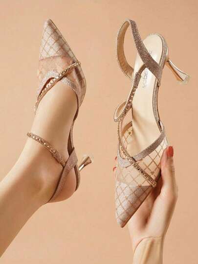 女士时尚水钻高跟凉鞋，网眼透气露趾细高跟鞋，独特设计尖头鞋，夏季假日凉鞋 - 夏季特惠