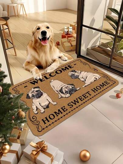 Felpudo con tres adorables perros pug, con "BIENVENIDO" en la parte superior y "HOGAR DULCE HOGAR" en la parte inferior, adecuado para entrada, sala de estar, dormitorio, comedor, pasillo, lavandería, cocina, balcón como alfombra de entrada interior, de poliéster moderno rectangular antideslizante y absorbente - Decoración del hogar de interior para todas las estaciones