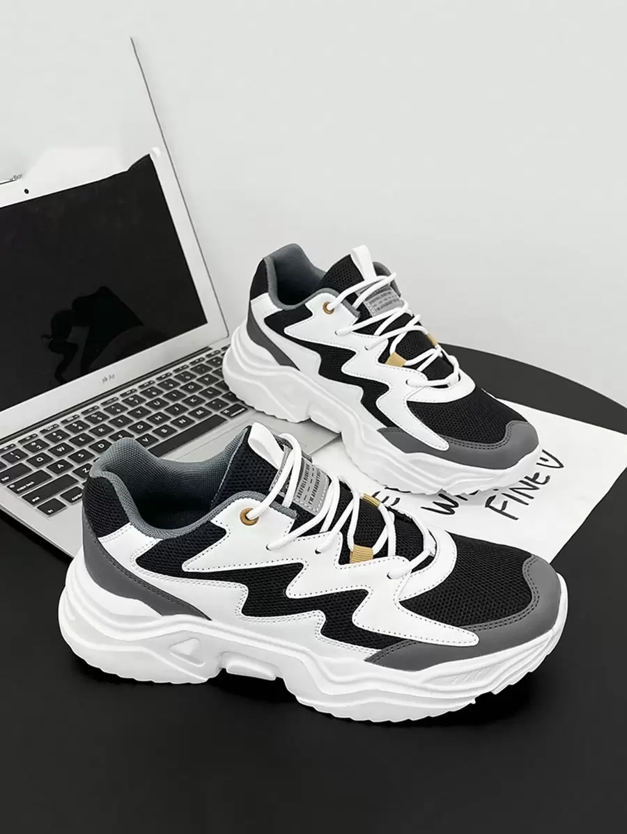 Men's Letter Graphic Color Block Lace-Up Sneakers, Stylish Thick Sole Shoes For School, Students Casual Sports Shoes, Road Running Trainers - 灰色 - 查看 1