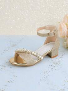 Girls' Pearl Embellished Summer Dress With High Heel Mary Jane Party Shoes, Suitable For Flower Girl, Wedding, Banquet, Princess And Toddler, Little Kid, Big Kid - Gold - View 2