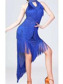 女士拉丁舞裙比赛裙亮片流苏拉丁舞裙不对称流苏裙舞台表演裙 - 彩色 - 查看 6