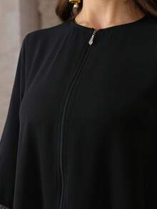 Elegant Solid Color Turkish Style Women Long Sleeve Maxi Abaya Dress With Zipper And Waist Tie