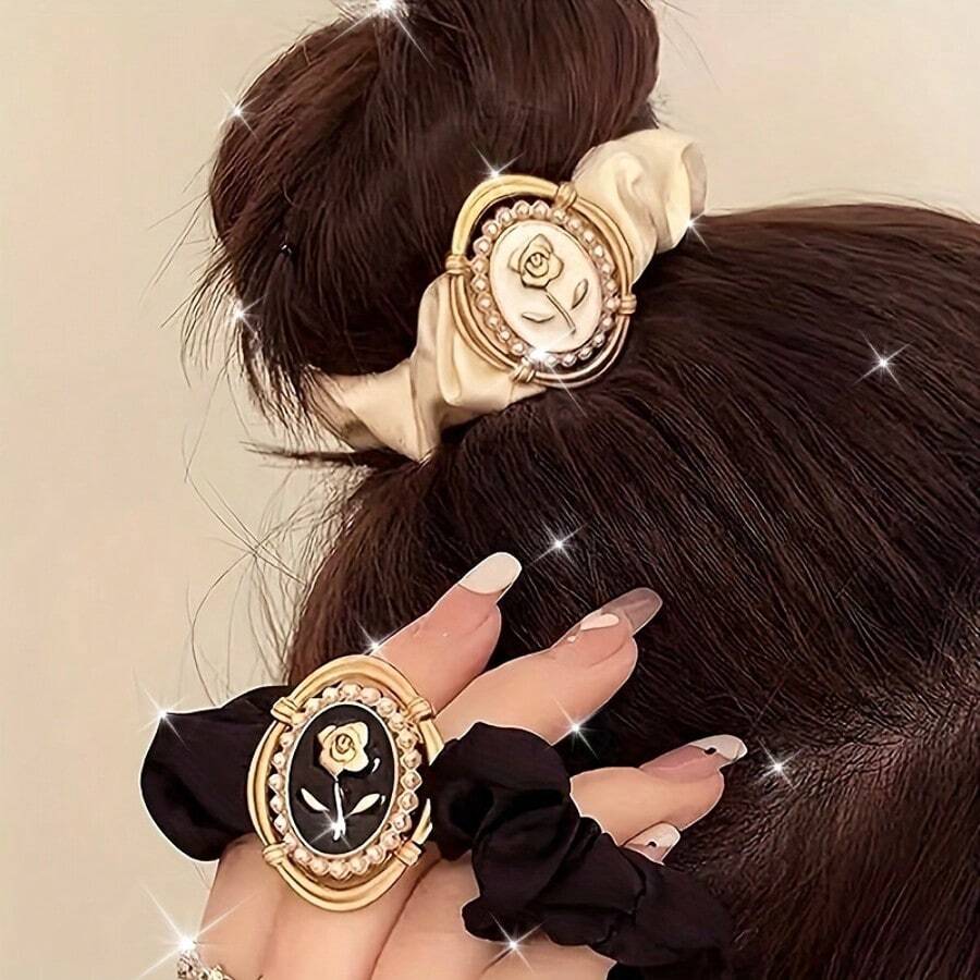 2 件装 真丝发圈 带复古花朵装饰 女士 大号发圈 绸缎 真丝 厚弹力发圈 发圈