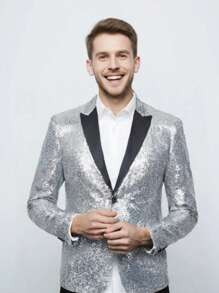 Shiny Silver Sequin Suit Jacket, Suitable For Parties, Dancing, Music Festivals, Men Glittering Blazers