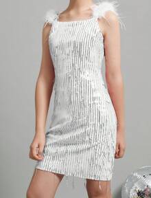 EXARUS Girls Sequin Fringe Dress Sparkling Tassel Sleeveless Bodycon/A-Line Splice Furry Strap Party Special Occasion - 銀色 - 查看 4