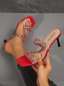 New Plus Size Women Square Toe Rhinestone Decor Stiletto Heel Sandals, Casual Fashionable Beach Wear Summer Shoes