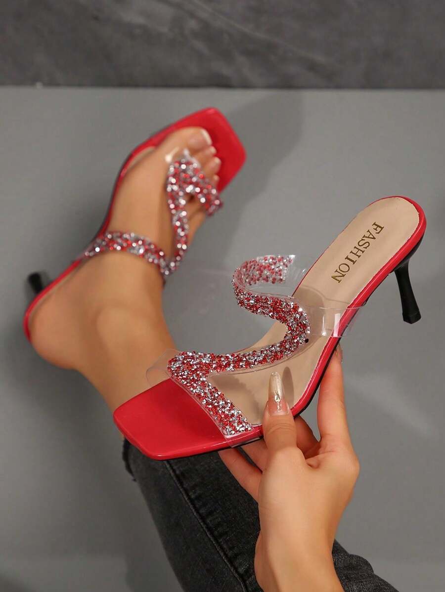 New Plus Size Women Square Toe Rhinestone Decor Stiletto Heel Sandals, Casual Fashionable Beach Wear Summer Shoes