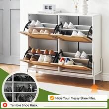 Natural Rattan 4 Flip Door Shoe Cabinet Organizer Freestanding,Modern Shoe Rack Storage Organizer With 3-Tier Adjustable Shelves - White - View 5