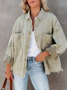 Women's Summer Denim Jacket, Casual Long Sleeve Button Front Dropped Shoulder Jacket, Autumn Versatile Pocket Distressed Hem Denim Jacket - Green - View 1