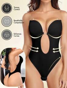 Backless Women Shapewear Bodysuit Built-In Bra U Plunge Tummy Control Slimming Body Shaper Thong Corset Lingerie Underwear Invisible Bras Sexy Deep V Push Up Under Wedding Dress - màu đen - Xem 2