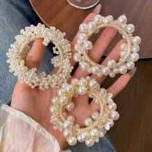 1pc/3pcs Korean White Faux Pearl Flower Hair Scrunchies, Elegant Elastic Ponytail Holders, Suitable For Daily Use In Spring & Summer,Hair Accessories,Hair Elastics,Hair Ties,Hair Rope, Hair Bobbles