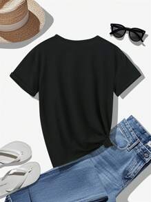 Camiseta de algodón de manga corta para mujer, con estampado de personajes vintage, top casual de cuello redondo y manga corta, adecuada para usar en primavera y verano, cómoda y transpirable, apropiada para todas las estaciones, ropa de mujer. - Negro - Ver 4