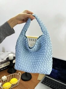 3 Pieces Sky Blue Fashionable Dopamine Style Minimalist Faux Handbag,Neoprene Luxury Portable Foldable Plaid Women Shoulder Bag, Braid Bag Large Capacity For Outdoors&Travel&Holiday&Shopping,For Lady&Woman&Female