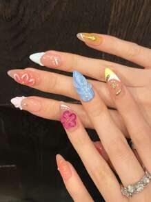 10 件渐变色法式杏仁形透明花卉手工按压式假指甲，高端，可重复使用，适合户外、工作、日常佩戴，配有迷你指甲抛光器