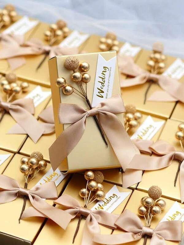 10PCS Gold Baking Packaging Box, Bow, Card And Pine Cone Design, Candy Chocolate Cookie Packaging Box, Wedding Food Packaging Supply, Table Decoration