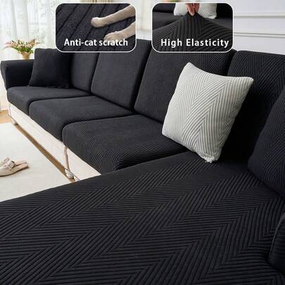 1pc Plush Jacquard Anti-Slip Sofa Seat Cushion Cover, Elastic Slipcover For L-Shaped Sectional And 1/2/3/4 Seater Sofa, Pet-Friendly Solid Color, Suitable For All Seasons