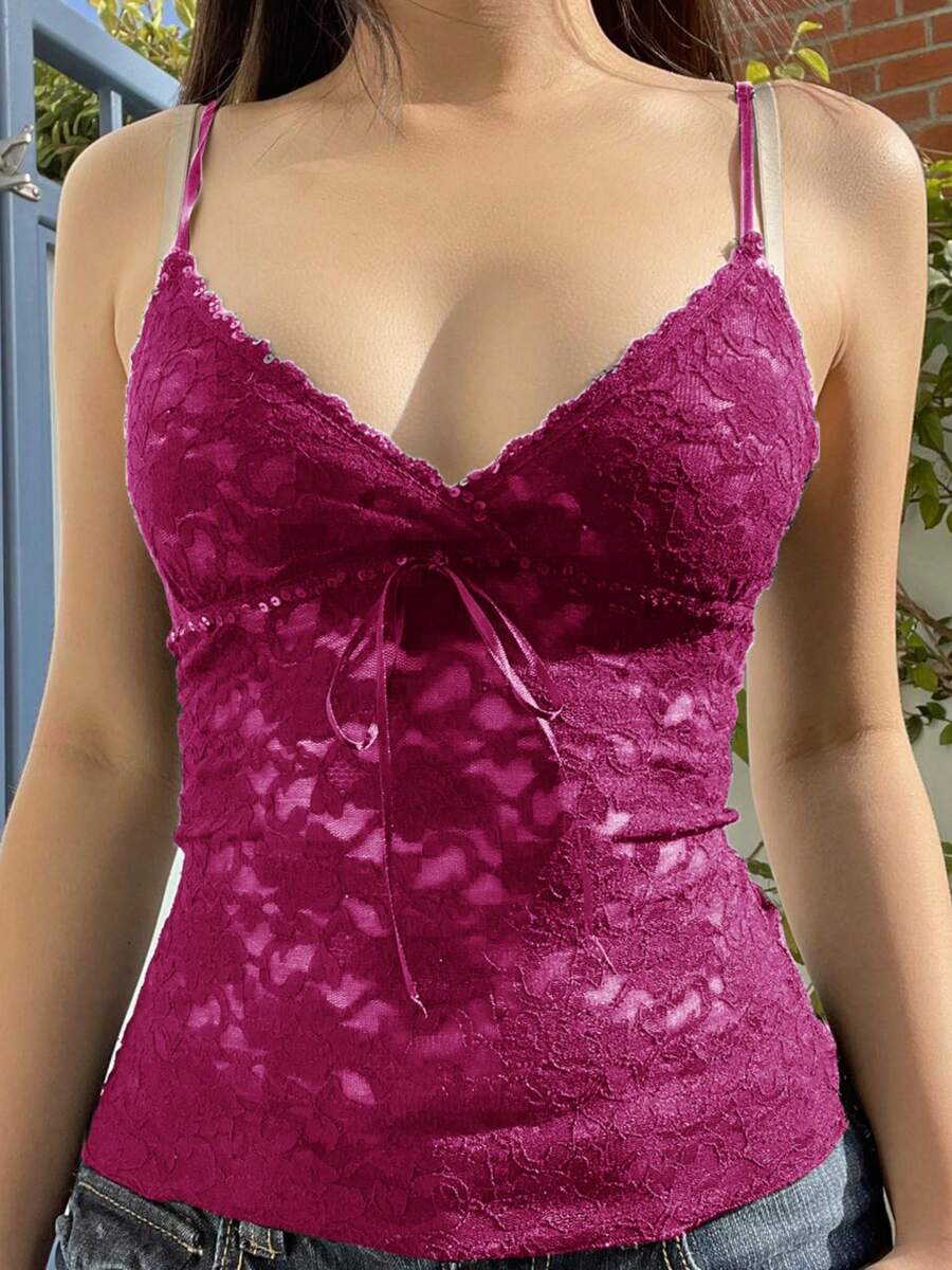 Women Y2k Lace Crop Camis Tops Spaghetti Strap Lace Floral V-Neck Camisoles Sexy Sleeveless Backless Tank Tops Slim Fit Vests Tops Aesthetic Clothes Streetwear - 紫色 - 查看 1