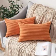 1 件纯色柔软灯芯绒条纹装饰抱枕套，方形靠垫套，适合春季、冬季假期、家庭，柔软舒适的条纹面料，现代沙发、卧室、宿舍装饰 - 橘色 - 查看 3