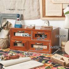 1 Pc Vintage Computer Monitor Stand, Wooden Desktop Storage Box With Glass Drawer, Office Vanity Organizer