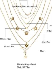 6 Piece Fashion Butterfly, Heart, Star, Moon Necklace Set, Versatile Everyday Accessory For Girl