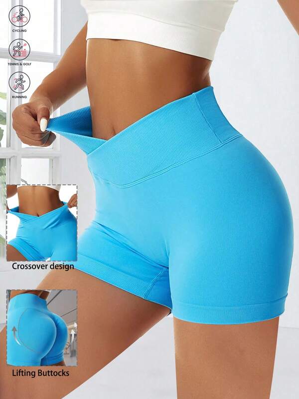 Women V Shaped Cross Waistband Sports Shorts Sports Leggings Yoga Sports Shorts Seamless High Waist Shaping Lift Buttocks Shorts Fashionable Fitness Biker Shorts For Women Gym Shorts Yoga Pants In Women Leggings