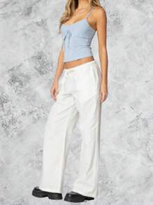 女式休闲条纹前系带短款吊带背心 - 藍白色 - 查看 4