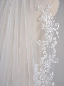1 Stück fingerSpitzen Länge 37,4 Zoll (95 cm) Brautschleier mit Spitzenapplikation und Metallllamm für Hochzeit, Party, Abschlussball, weiß, elfenbein - Verschiedenfarbig - Übersicht 3