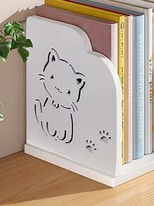 1 pieza Estantería de escritorio para niños de compuesto de madera y plástico (PVC) grueso, sencilla, adecuada para estudio en el hogar, escritorio de oficina, almacenamiento de revistas y libros en la sala de estar, estantería de revistas en el dormitorio, decoración del mostrador del baño, material inodoro y lavable, fácil montaje DIY. Sujetalibros creativo de gato con campana / gato de dibujos animados, regalo de graduación estudiantil DIY - Blanco - Ver 2