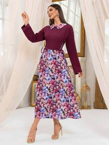 Vestido largo con manga larga, cierre de cordón en la cintura, estampado de retazos, estilo casual, modesto, tipo abaya, kaftán, jaladibiya, vestido árabe, para verano