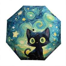 [Van Gogh Inspired, Folding Umbrella] 1pc Black Cat Pattern Folding Umbrella - Van Gogh Inspired, Casual Cute Fashion Style, Manual Open, 8 Ribs, Pongee & Iron Material, Foldable Sunshade With UV Protection