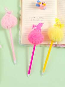 2pcs/Set Cartoon Unicorn Fluffy Pom Pom Ball Pen, Glittery Cylinder Shaped Pens, Student Children Gift Stationery, Random Tie-Dye Locations - Multicolor - View 7